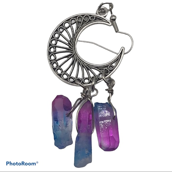 Crescent Moon & Ombré Crystal Chunk Earrings boho - Picture 4 of 4